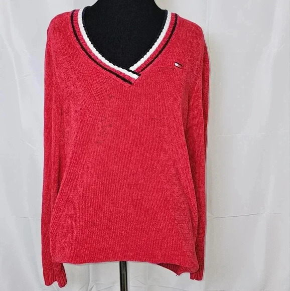 Tommy Hilfiger Chenille Varsity Style Red Sweater - Picture 2 of 7